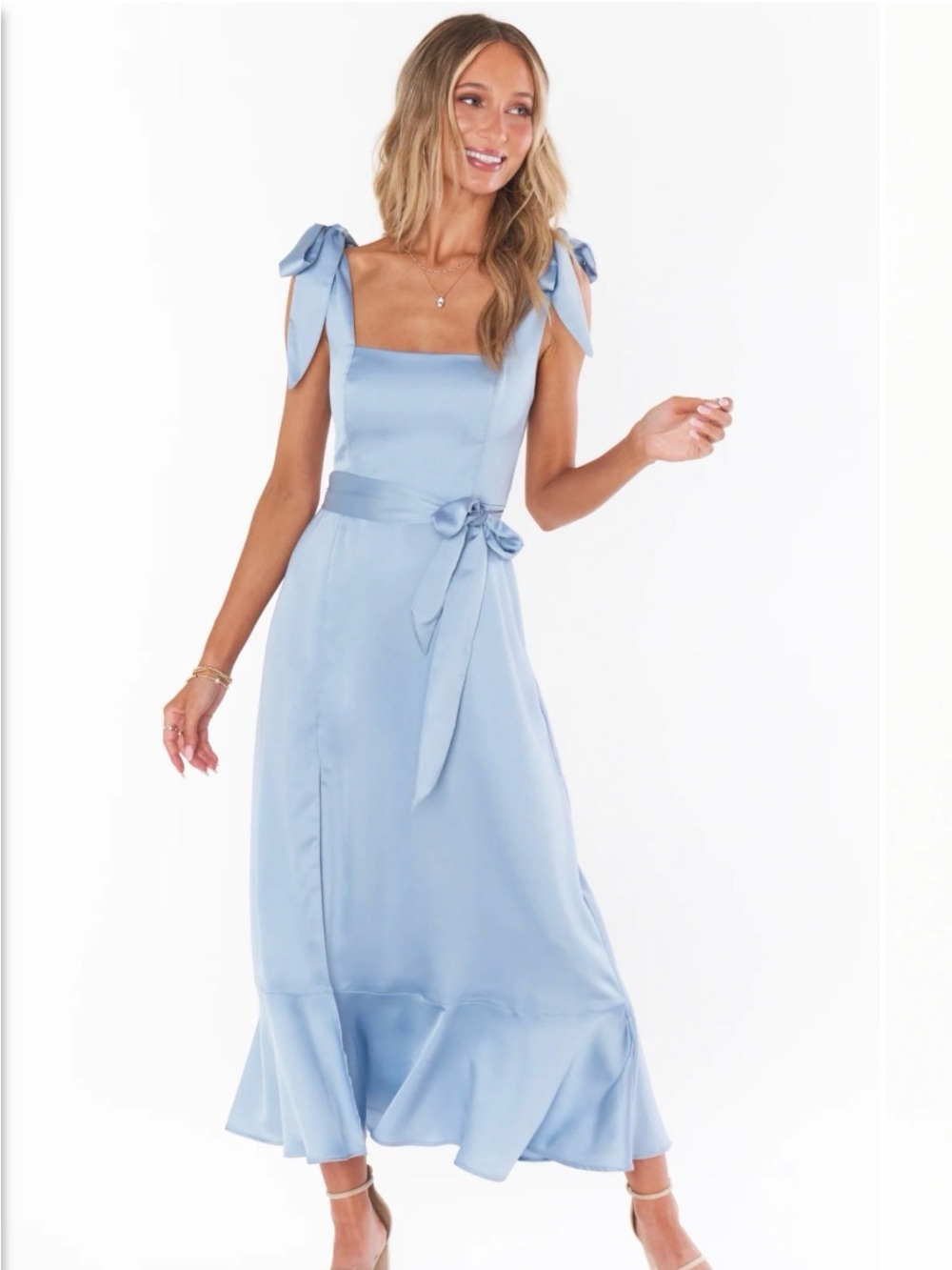 Show Me Your Mumu Claire Midi Dress Steel Blue Luxe Satin Size S NWT